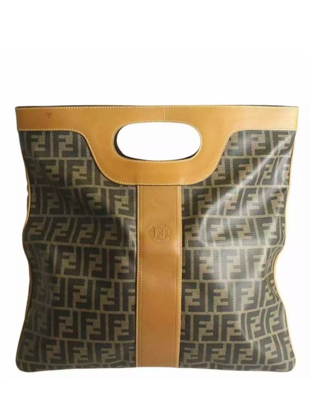 Auth Fendi Brown FF Logo coated Canvas clutch large Zucca Shopper Tote Bag vntg